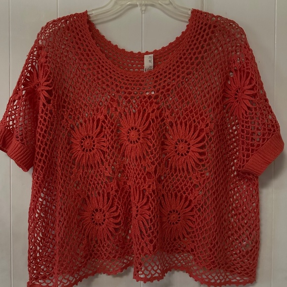 Ladies Free People Orange Crochet Short Sleeve Top Medium - Picture 1 of 5